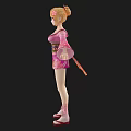 Woman In Pink Kimono Style Outfit With Blue Sash Orange Hair Red Heels