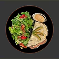 Fresh Healthy Food Plate With Lettuce Salad Strawberry Slices Omelet Rice Ham And Sauce