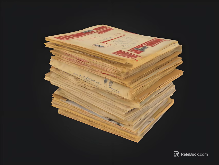 Vintage Old Envelopes Stack With Red Stamps And Yellow Paper Sheets 3d model 