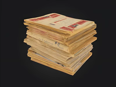 Vintage Old Envelopes Stack With Red Stamps And Yellow Paper Sheets 3d model