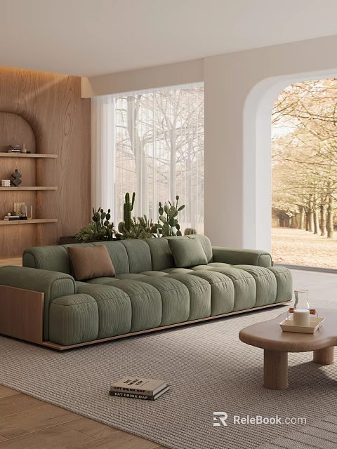 Cozy Modern Living Room With Green Sofa Wooden Shelves And Plants 3d model 