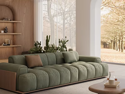 Cozy Modern Living Room With Green Sofa Wooden Shelves And Plants 3d model
