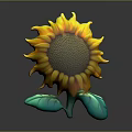 Stunning Sunflower Bloom With Yellow Petals Brown Center And Green Leaves On Dark Background