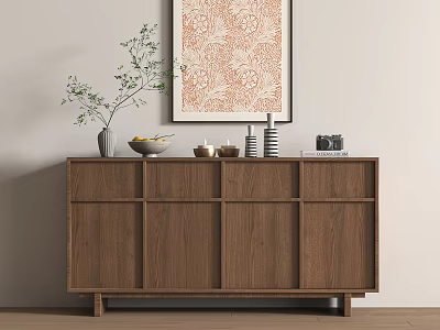 Modern Wooden Entryway Console Table with Decorative Plant Vase Bowl Candles Camera and Wall Art 3d model