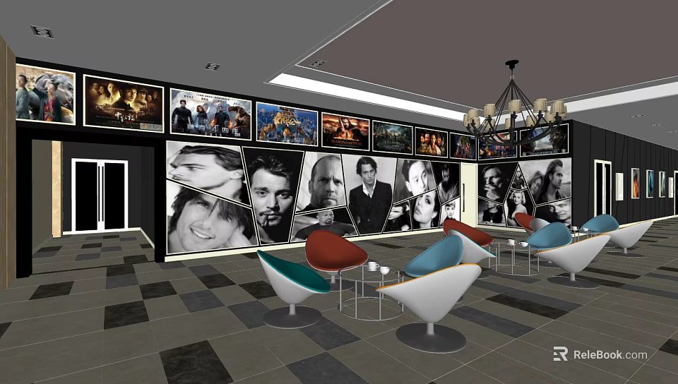 Cinema Lounge Area With Wall of Movie Posters Colorful Seating And Chandelier 3d model 