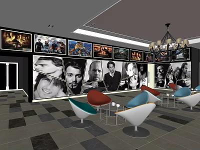 Cinema Lounge Area With Wall of Movie Posters Colorful Seating And Chandelier 3d model