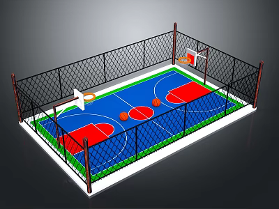 Enclosed Outdoor Basketball Court With Fenced Area Blue Red Surface And Hoops 3d model