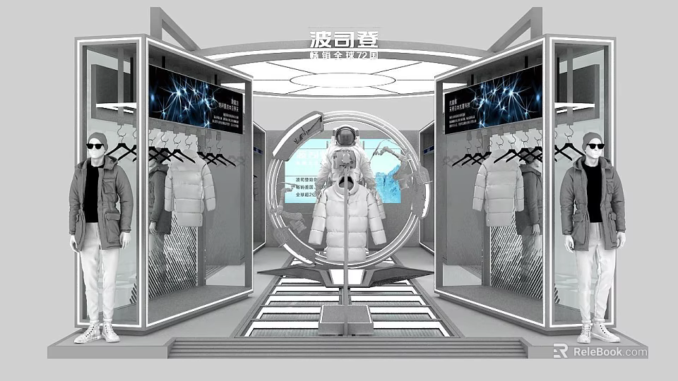 Modern Clothing Store Interior Featuring Window Displays Mannequins And Clothing Racks 3d model 