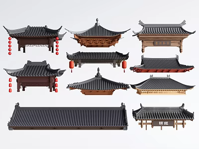 Traditional Chinese Architectural Components Featuring Various Roof Structures And Wooden Frames 3d model