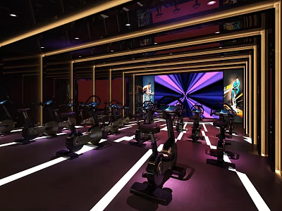 Modern Fitness Gym Interior With Spin Bikes Large Screen And Colorful Lighting 3d model