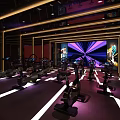 Modern Fitness Gym Interior With Spin Bikes Large Screen And Colorful Lighting