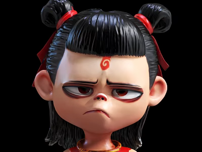 Daily Life Decorative Cartoon Figure With Double Bun Hairstyle Red Ribbons And Serious Expression 3d model
