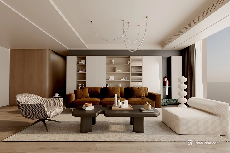 Modern Living Room Interior Design With Brown Sofa White Armchair Coffee Table And Chandelier 3d model 