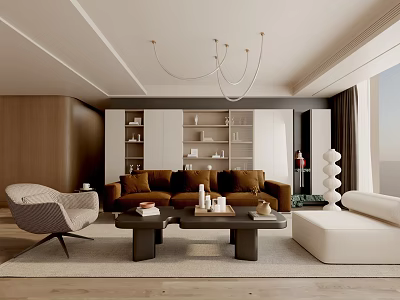 Modern Living Room Interior Design With Brown Sofa White Armchair Coffee Table And Chandelier 3d model