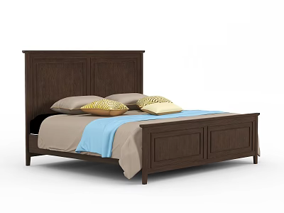 Classic Dark Wooden Double Bed With Beige Pillows Yellow Cushions And Blue Blanket 3d model