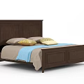 Classic Dark Wooden Double Bed With Beige Pillows Yellow Cushions And Blue Blanket