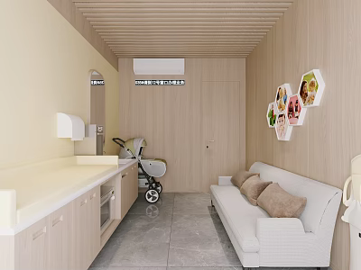 Light Colored Interior With Wooden Ceiling White Sofa Cushions And Food Decorative Paintings Baby Stroller 3d model
