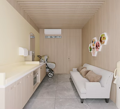 Light Colored Interior With Wooden Ceiling White Sofa Cushions And Food Decorative Paintings Baby Stroller 3d model