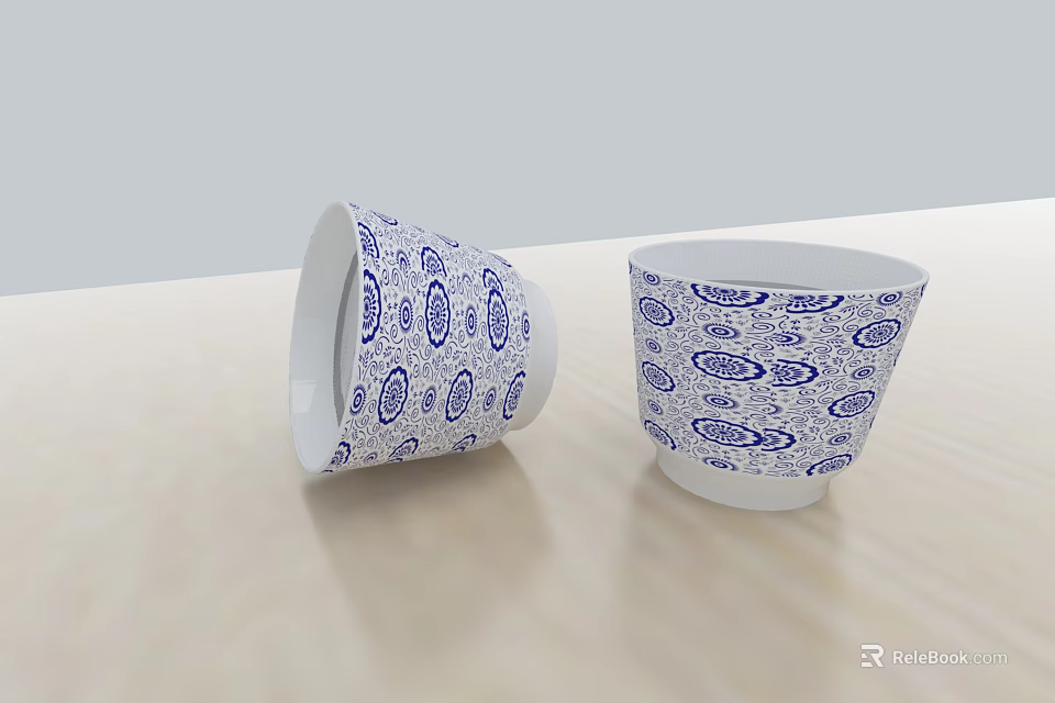 Blue White Pattern Two Ceramic Cups Ornament Decoration Set For Tabletop 3d model