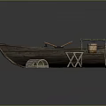 Wooden Boat With Crossed Oars Hanging Bucket Stool And Wicker Basket