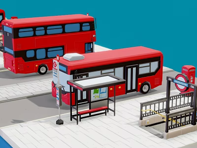 Red Double Decker and Single Decker Buses at Bus Stop with Shelter and Bench 3d model