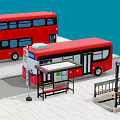 Red Double Decker and Single Decker Buses at Bus Stop with Shelter and Bench
