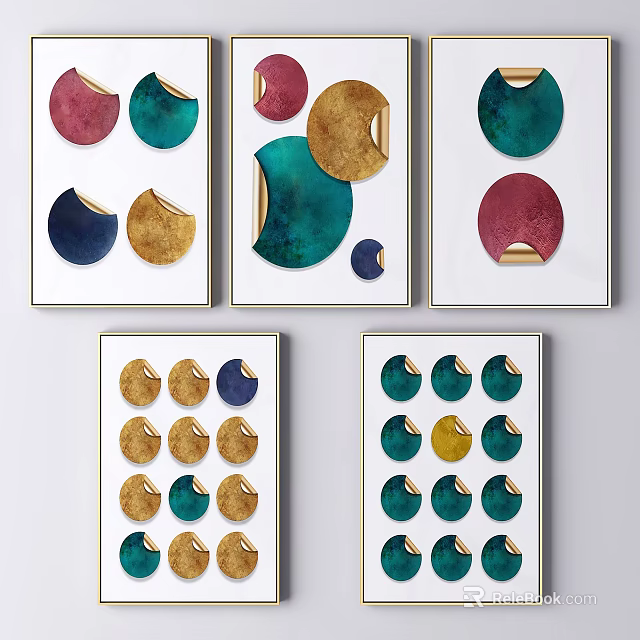 Abstract Wall Art With Colorful Circular Patterns Gold Green Red Blue Framed Decor 3d model 