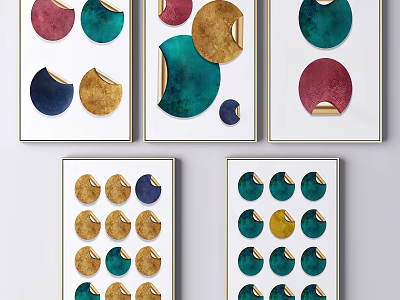 Abstract Wall Art With Colorful Circular Patterns Gold Green Red Blue Framed Decor 3d model