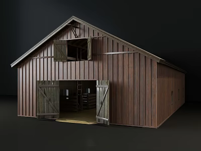 European Style Architecture With Wooden Structure Pitched Roof Shutter Windows And Open Doors 3d model