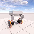 Small Silver Robot With Orange Wheels And Mechanical Structure On White Tiled Floor 3d model