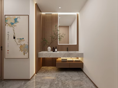 Modern Bathroom Vanity With Marble Countertop Wooden Panel Mirror And Decorative Painting 3d model