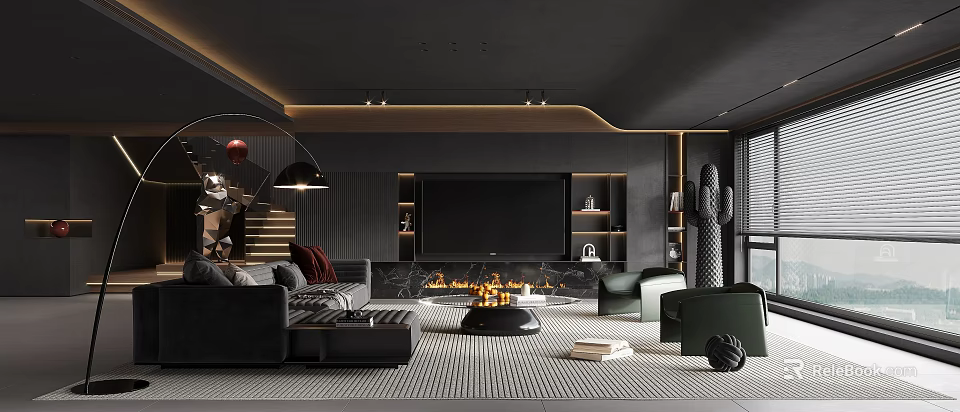 Modern Dark Living Room Interior With Sofa TV Wall Fireplace And Carpet 3d model 