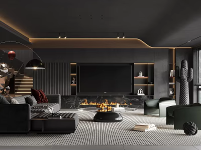 Modern Dark Living Room Interior With Sofa TV Wall Fireplace And Carpet 3d model