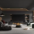 Modern Dark Living Room Interior With Sofa TV Wall Fireplace And Carpet
