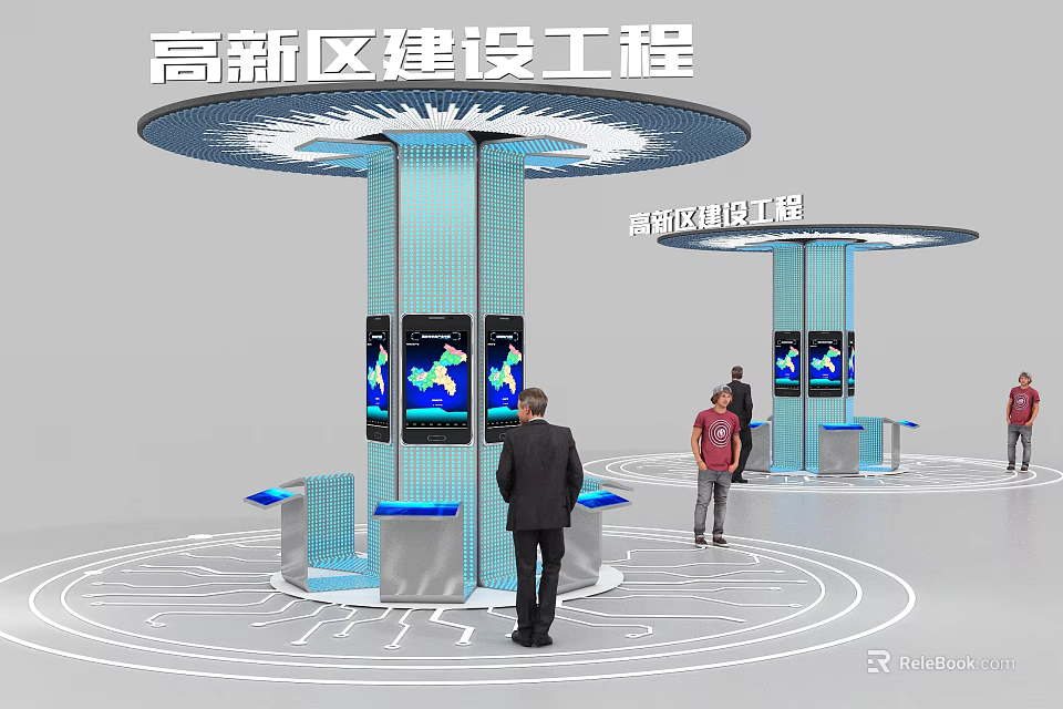 Modern Blue Column Display Shelves With Digital Screens For High-tech Zone Construction Project Exhibition 3d model