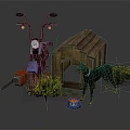 Outdoor Yard Items With Blue Motorcycle Wooden Dog House Green Dog Chainsaw Bowl And Plants