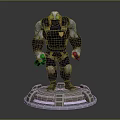 Armored Sci Fi Character With Green Eyes Standing On Circular Pedestal In Black Armor