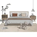 Modern Double Bed with Wooden Headboard Minimalist Bedding Nightstands Floor Lamp Green Plant and Rug