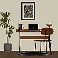 Home Office Desk With Laptop Books Chair Green Plant Wall Art And Round Rug