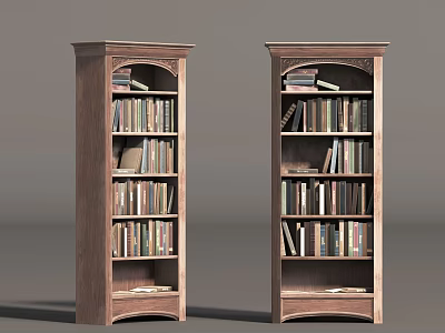 Two Classic Wooden Bookcases With Multiple Shelves Filled With Books And Decorative Details 3d model