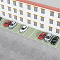 Parking Lot With Multiple Cars Palm Trees White Building And Gray Pavement