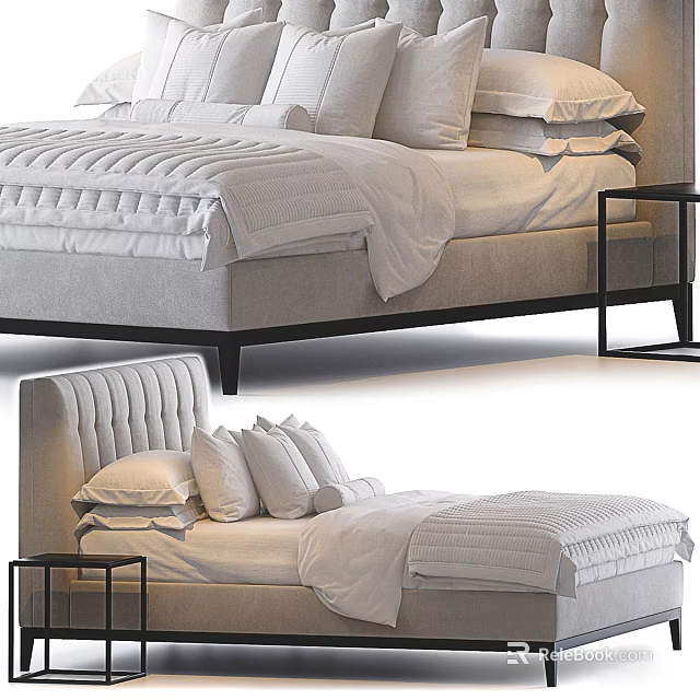 Modern Double Bed With Upholstered Headboard Layered White Bedding Pillows And Side Table 3d model 