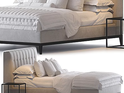 Modern Double Bed With Upholstered Headboard Layered White Bedding Pillows And Side Table 3d model