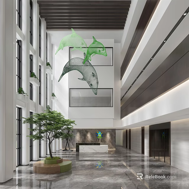 Modern Reception Lobby Interior With Front Desk Green Plants And Large Windows 3d model