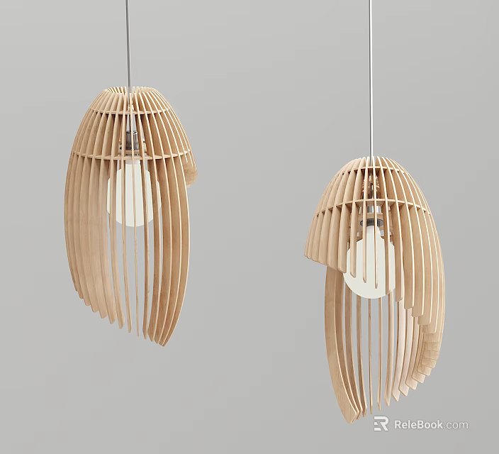 Wooden Pendant Lights with Curved Slats Design and Visible Bulb in Modern Minimalist Style 3d model 
