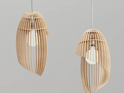 Wooden Pendant Lights with Curved Slats Design and Visible Bulb in Modern Minimalist Style 3d model