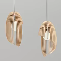 Wooden Pendant Lights with Curved Slats Design and Visible Bulb in Modern Minimalist Style