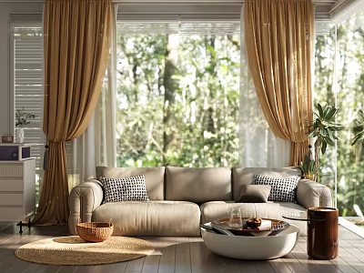 Serene Living Room Interior With Beige Sofa Patterned Cushions Golden Curtains And Forest View 3d model