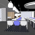 Modern Dining Area With Yellow Gray Chairs White Tables And Geometric Wall Decor
