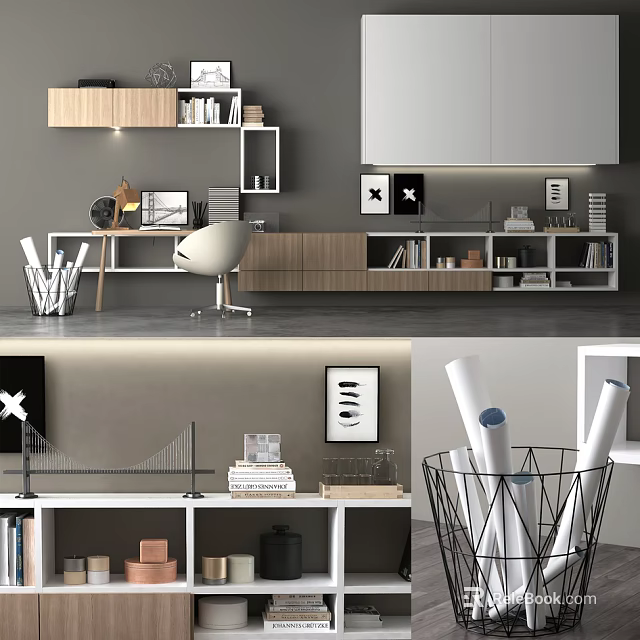 Modern Minimalist Home Office Desk With Wooden Shelves Ergonomic Chair And Books 3d model 